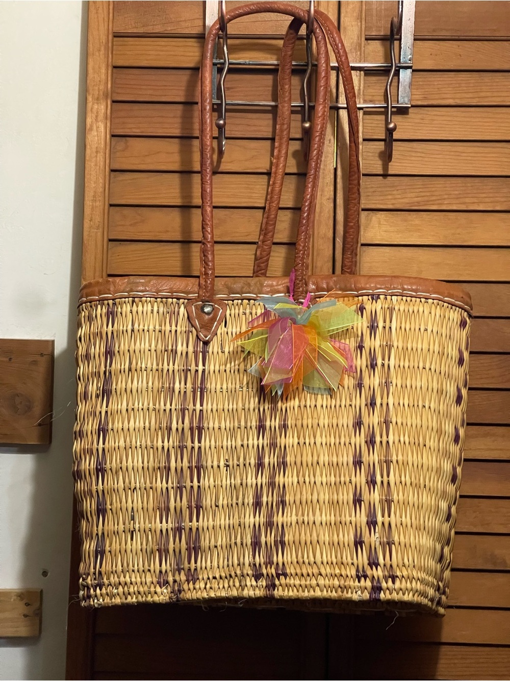 Longaberger Woven Straw Tote with Brown Trim and Multicolor Tassel
